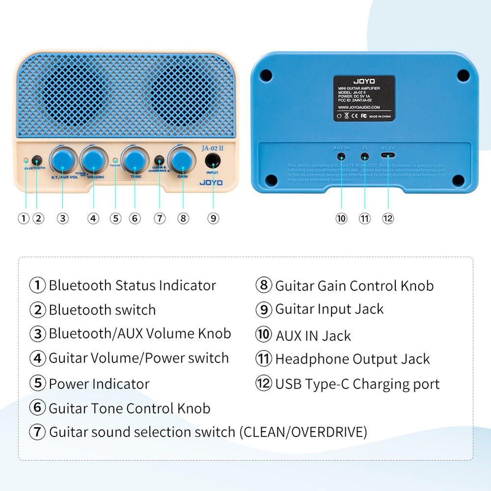 JOYO Mini Practice Guitar Amp Combo Rechargeable Guitar Amplifier Two Channels