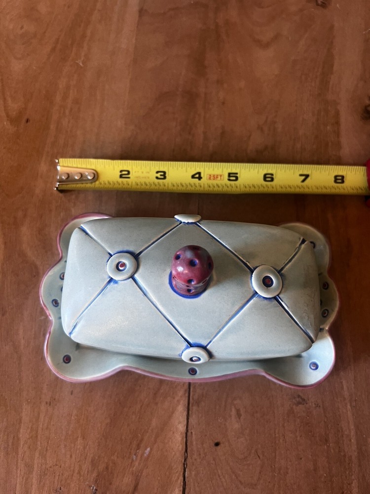 Rebecca Lowery Button Cushion Ceramic Covered Butter Dish Whimsical