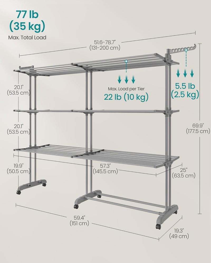4 Tier Drying Rack, Foldable Drying Rack, Telescopic Pole, Stainless Steel