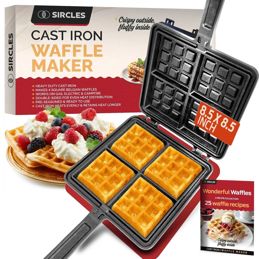 Cast Iron Waffle Maker - Makes 4 Square Belgian Waffles - Non Electric - Heav...
