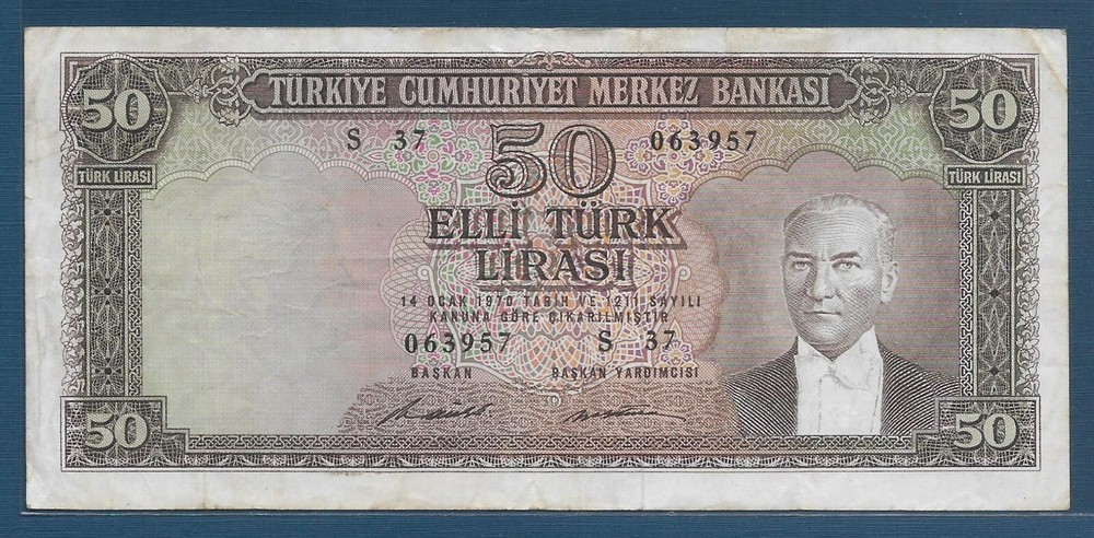 Turkey 50 Lira, 1971, P 187Ab, VF