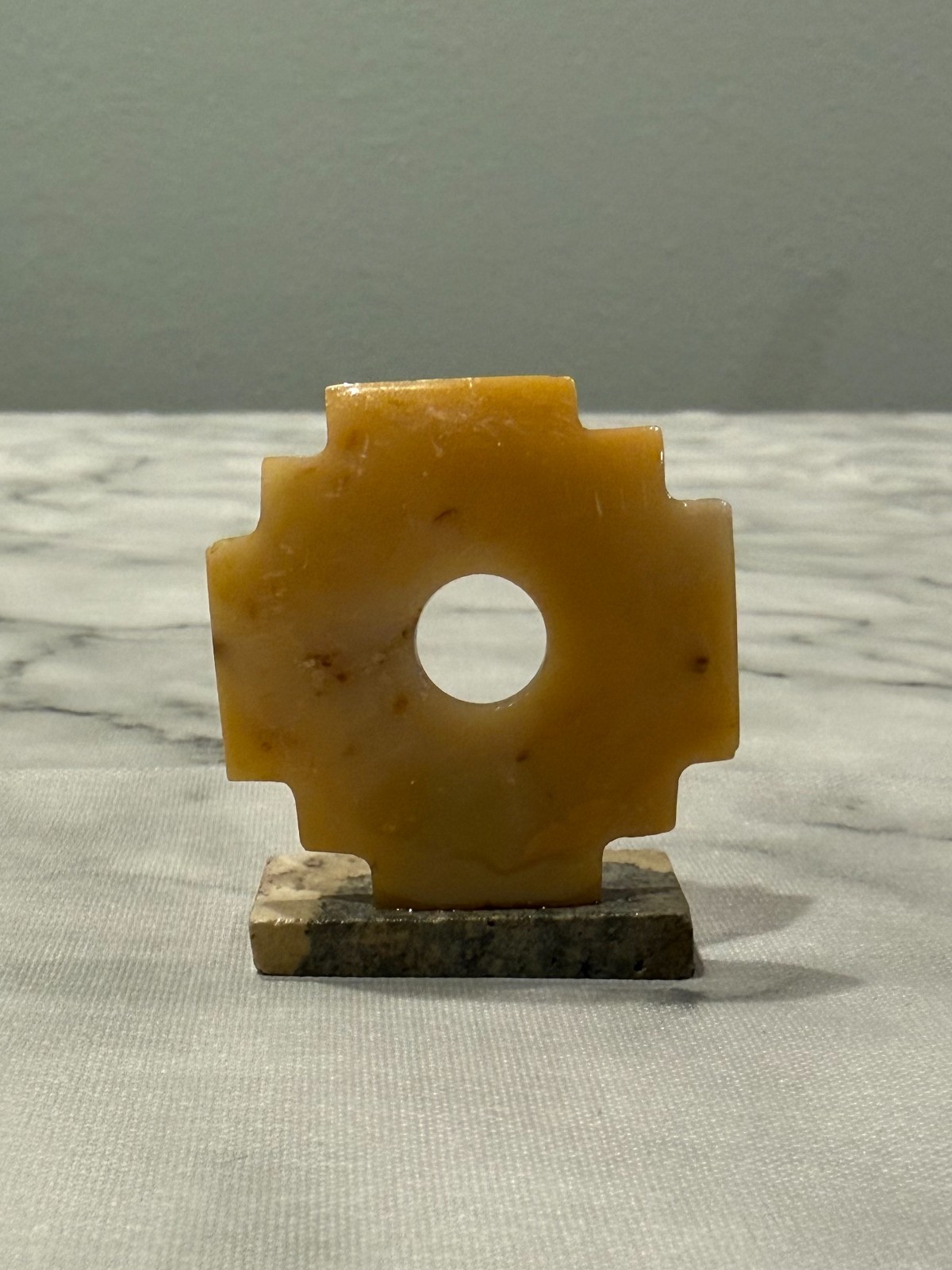 Vintage Small Yellow Stone Carving Chakana Inca Cross on Stand
