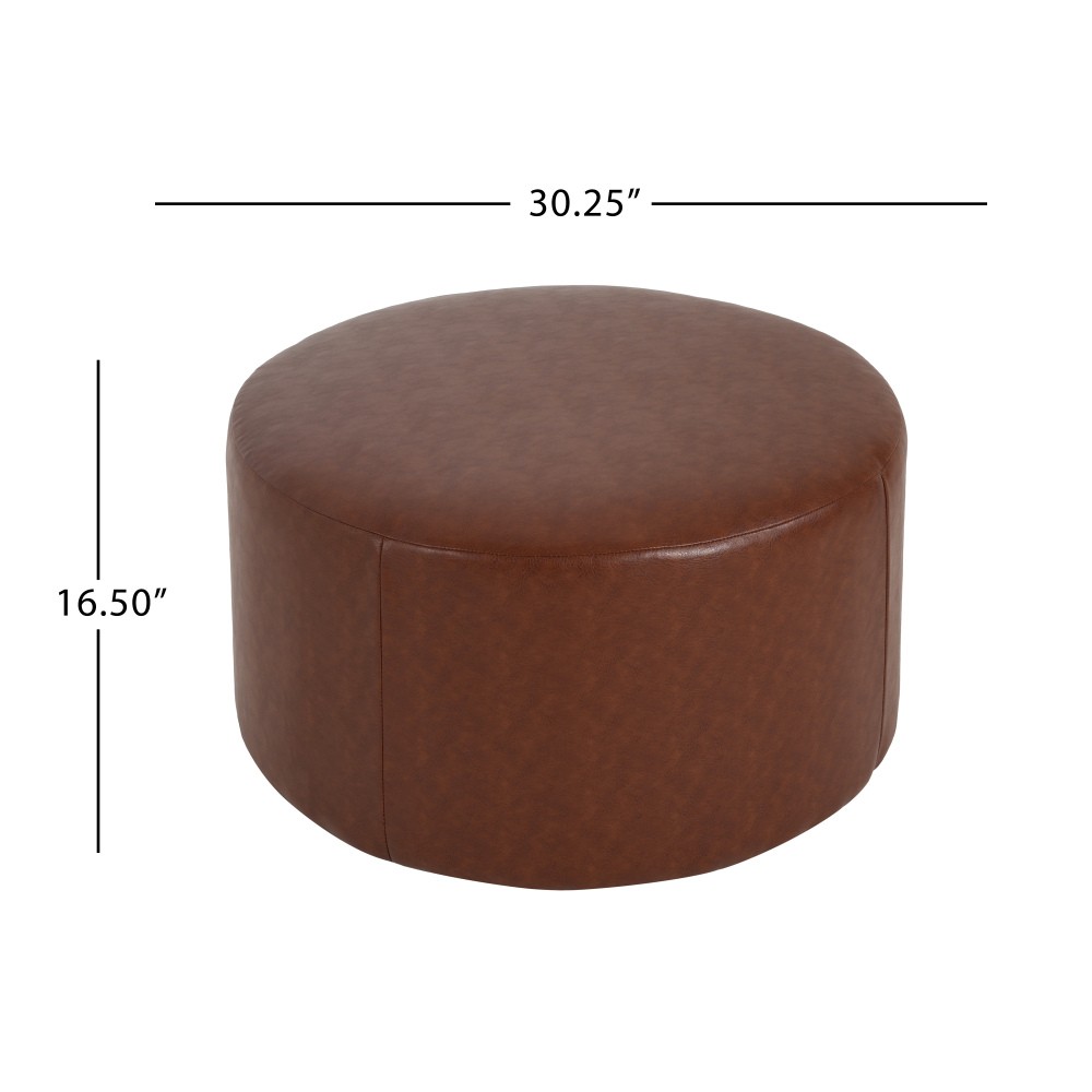 Upholstered Round Ottoman,PU Leather,Brown