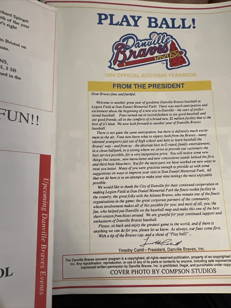 Danville Braves 1994 Program & Yearbook Scorecard Inside And Roster Sheet