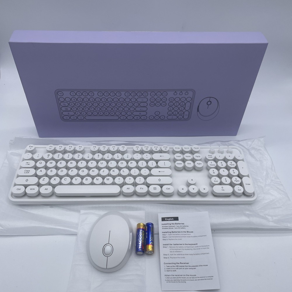 Wireless Keyboard & Mouse Combo 104 Keys Full-Size Retro Round Keys For Windows