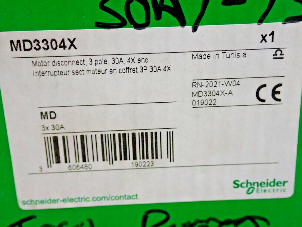 NEW - Square D MD3304X Motor Disconnect 3 Pole 30 Amp 4X Enclosure
