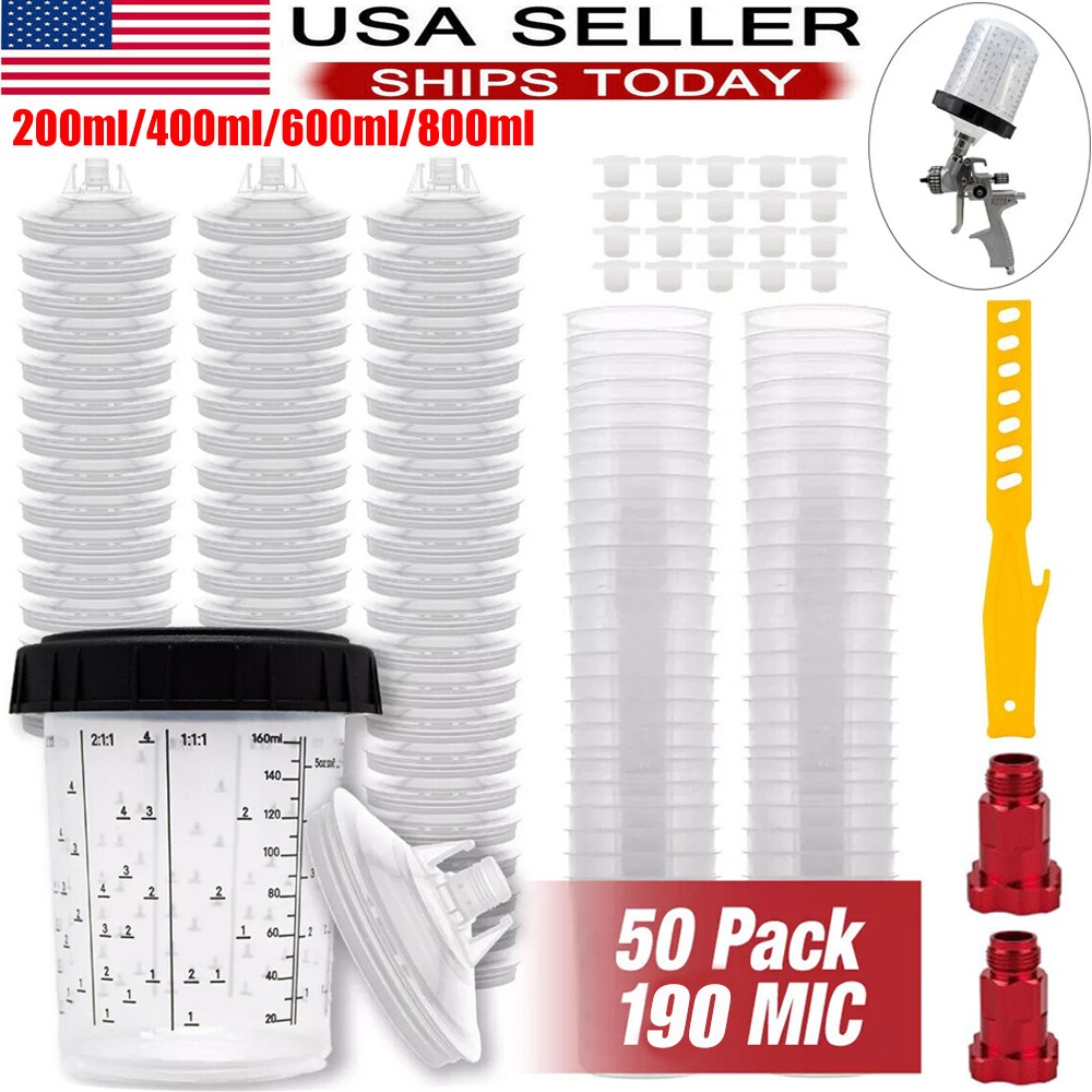 50/100Packs CUPS Disposable Paint Spray Gun Cup Liners and Lid System (190 Mic)