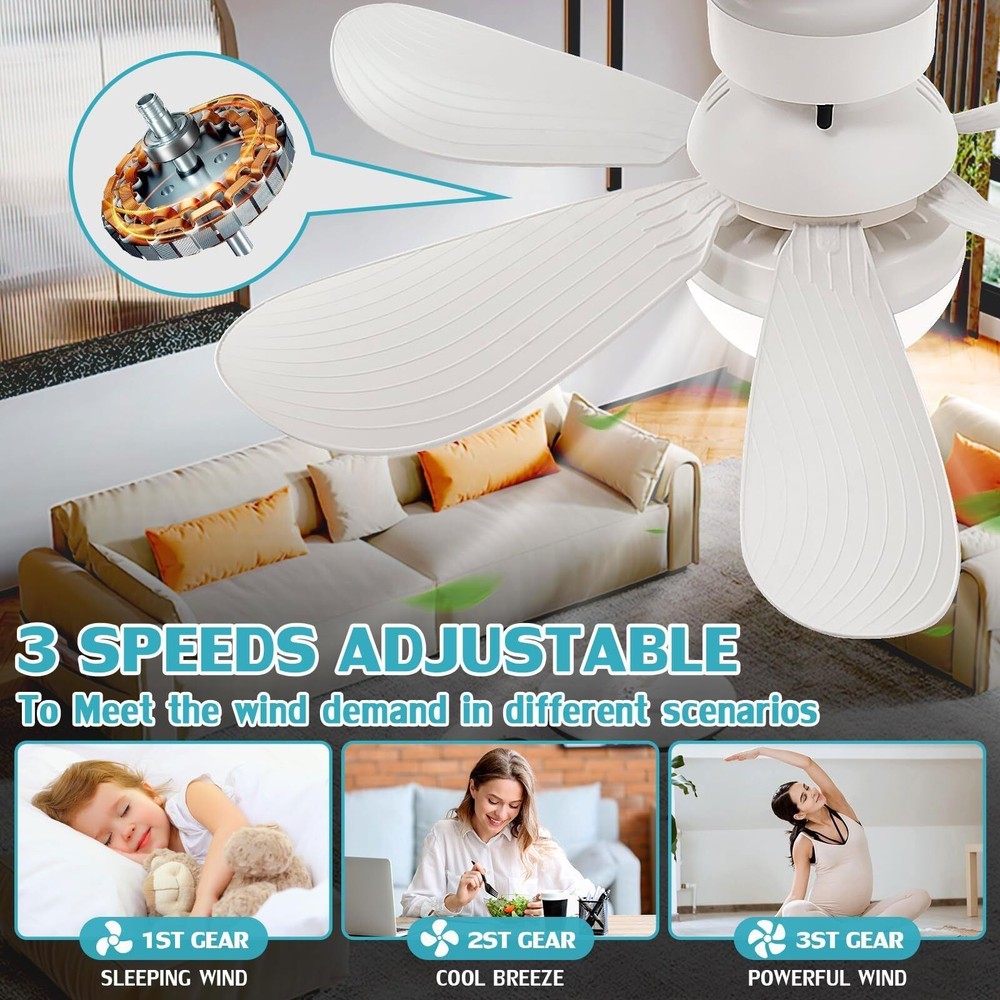 Ceiling Fan E27 Socket Fan 30W with Dimmable LED Light Remote Controller 3 Speed