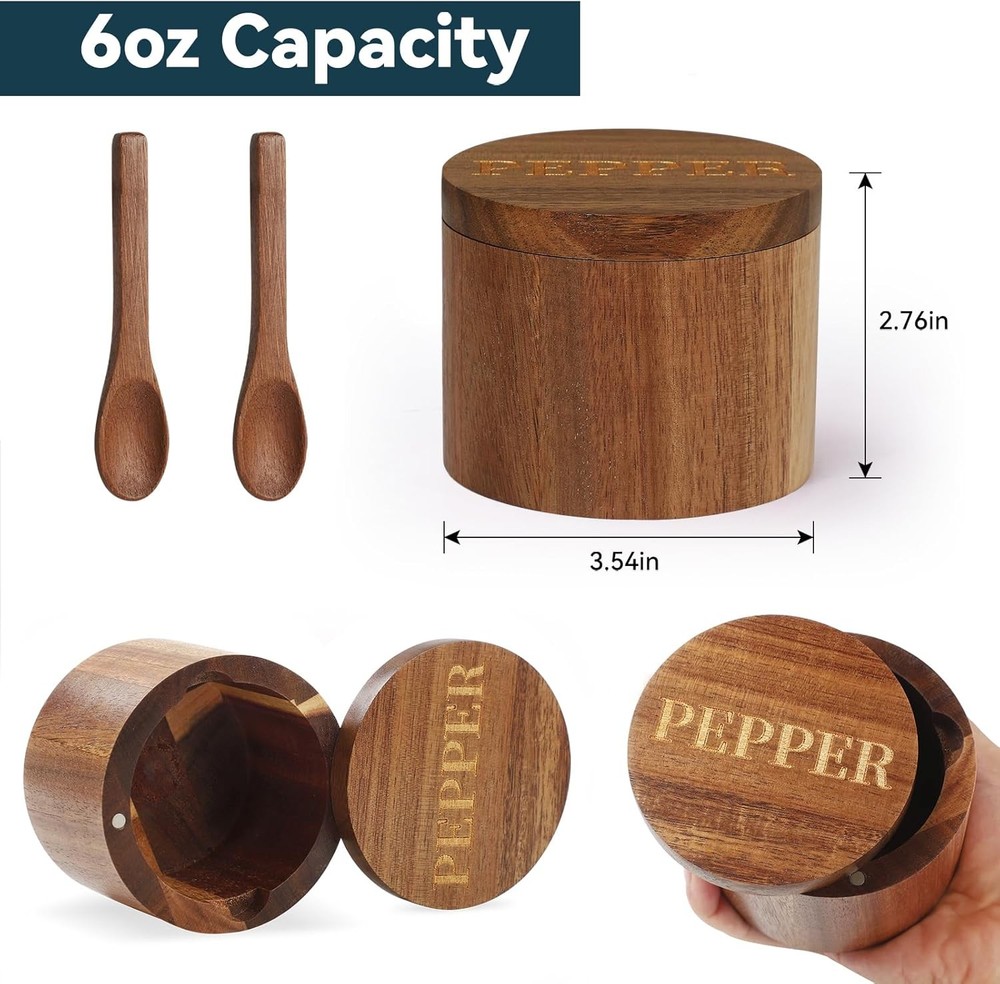 PEPPER Cellar, Acacia Wood Salt Container with Cellar