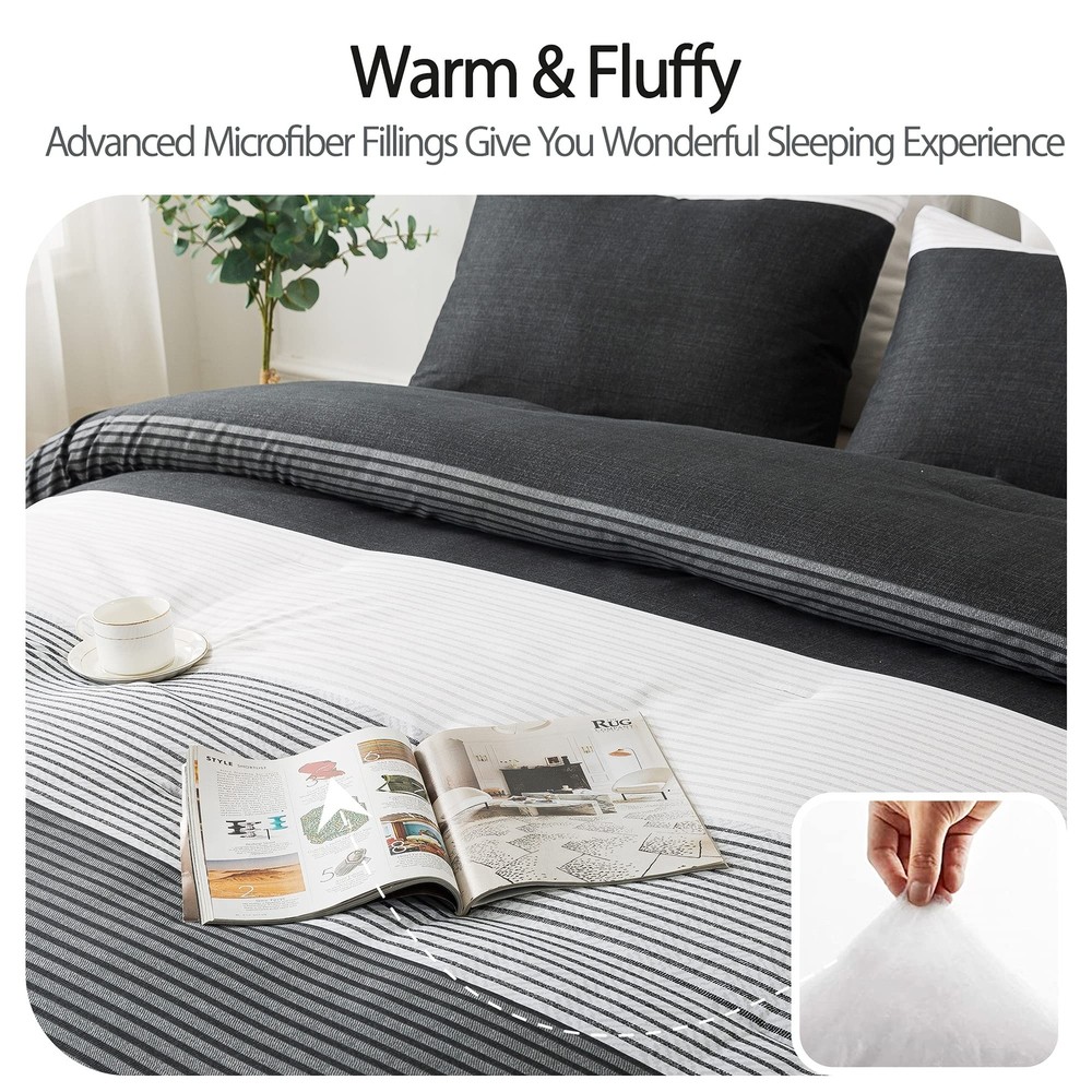 Andency Black Comforter King Size, 3 Pieces Black White Gray Patchwork Stripe...