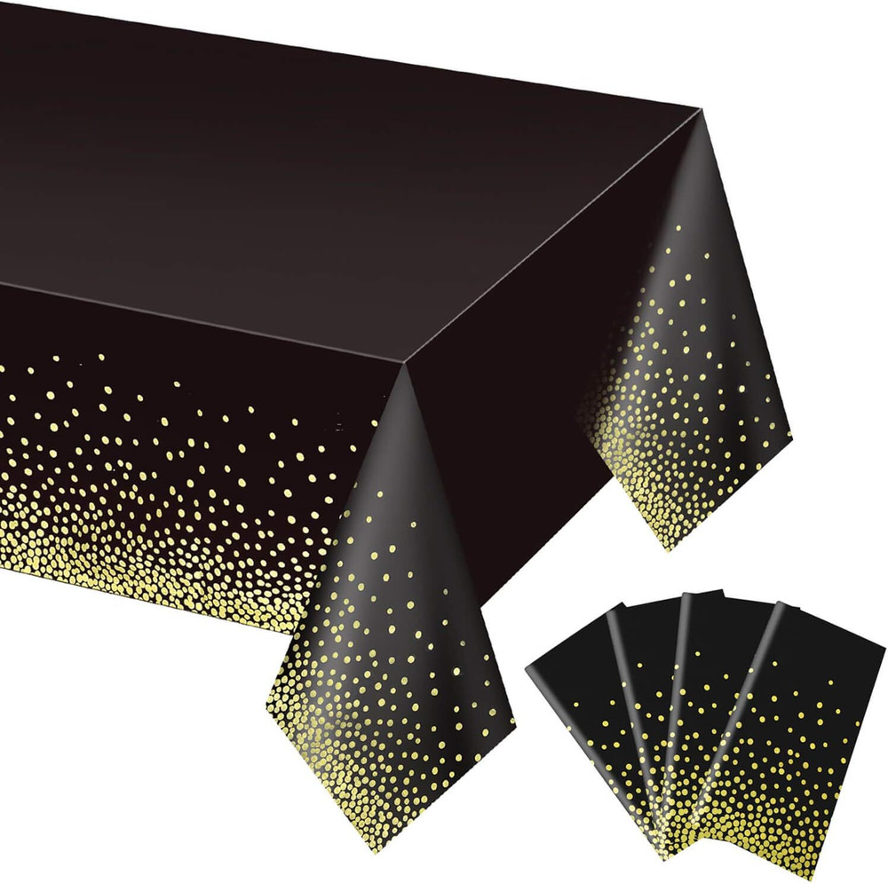 4 Pack Black and Gold Plastic Tablecloth for Rectangle Tables(54" X 108"), Party