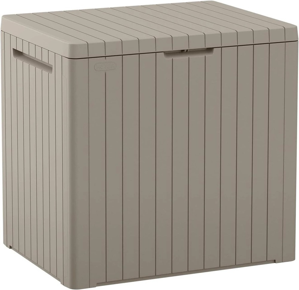 Compact Resin Outdoor Storage Box with Table Function – Lockable Beige Design
