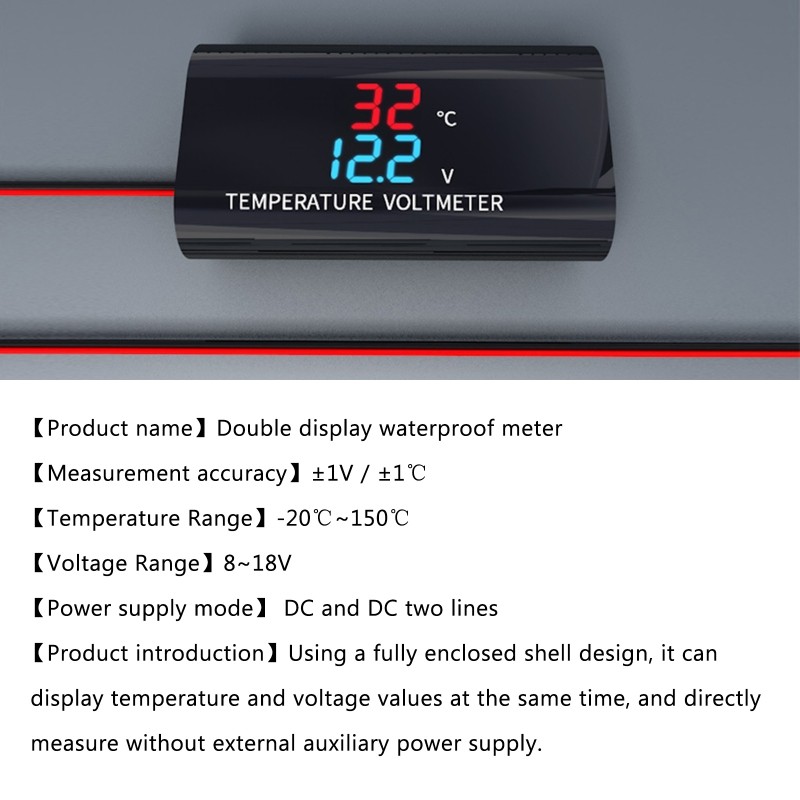 Motorcycle Voltmeter DC 12V Thermometer Digital Voltmeter Gauge Temp Gauge M