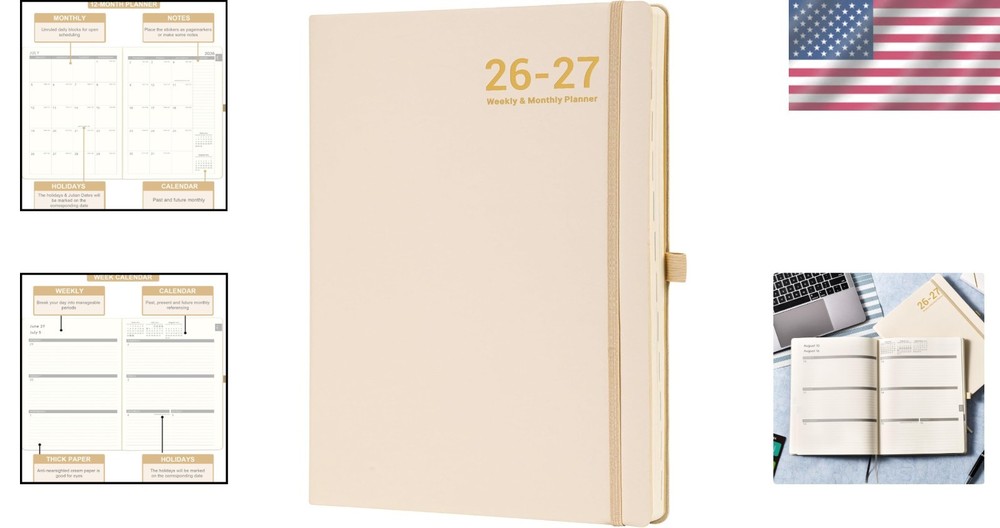 Leather Cover Planner 2026-2027 - Thick Paper, Back Pocket