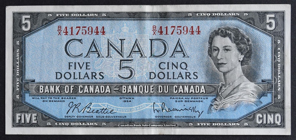 1954 Canada $5 Banknote P#77b S/N# BX 4175944
