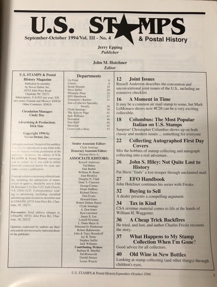 U.S. Stamps & Postal History 1994 Magazine 5 Issues Vol. 3 No. 1,2,3,4,5