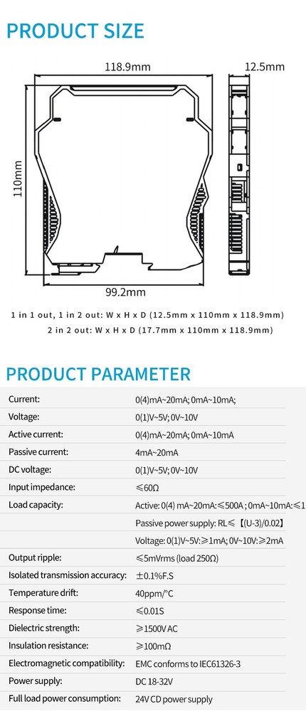 Signal Isolators 1 In-Out Analog Converter 4 20mA 0-10V 0-10V to 4-20mA DC24V
