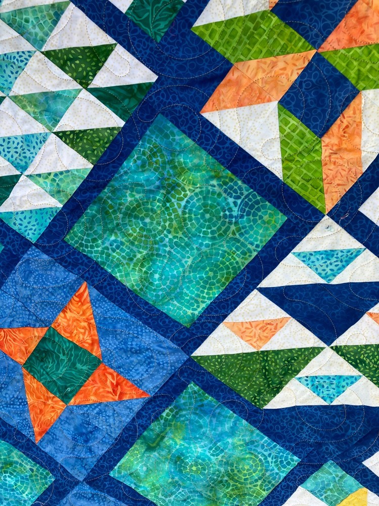 Handmade Multi color patchwork with Blue sashing 58" X 82.5"