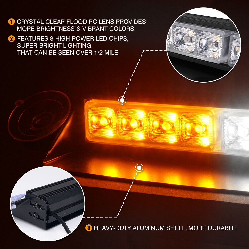 8 INCH White Amber LED Strobe Flashing Light Bar Aluminum Windshield Dash Deck