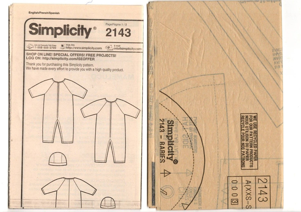 Simplicity Sewing Pattern Baby ROMPER HAT 2143 XXS-XS-S UNCUT