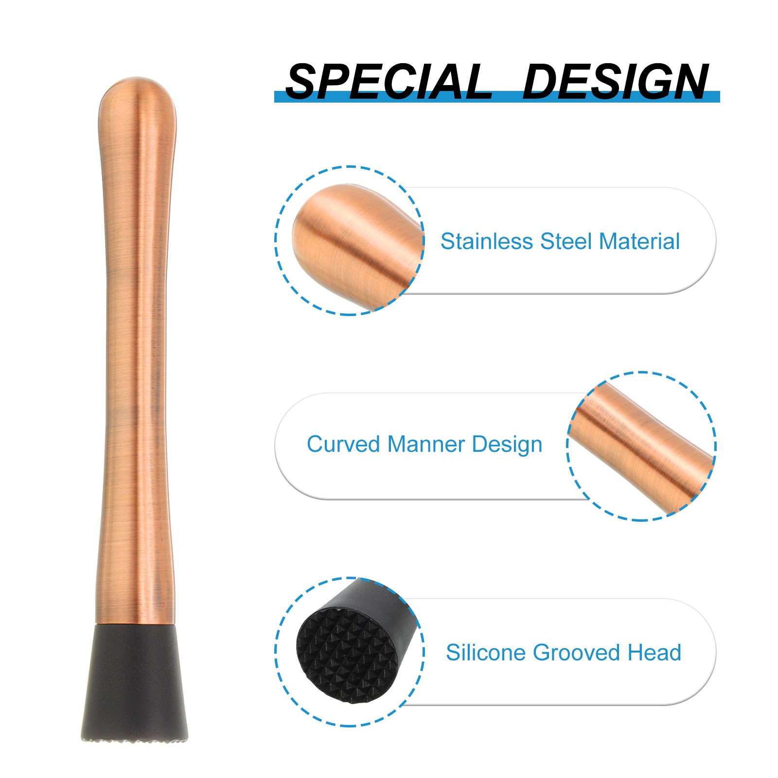 8inch Stainless Steel Cocktail Muddler Drink Muddler Bar Tool Rose Gold