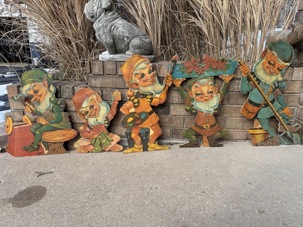 Vintage Rare Lawn Pixie Elves U Build 1950 Christmas Workshop Elves FULL SET