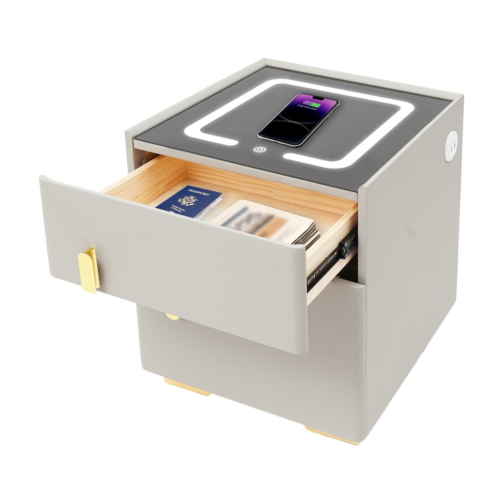 Bedside Cabinet Smart Nightstand Safe Box w/ 3-Color Light Wireless Charging USB
