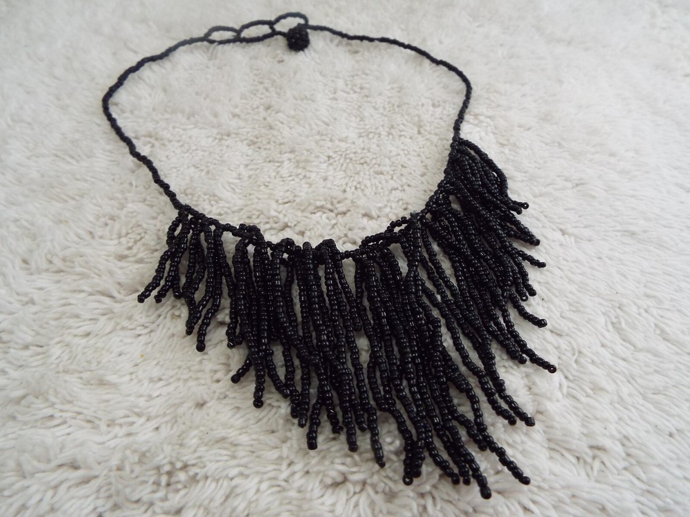 Black Glass Micro Bead Fringe Necklace (A23)