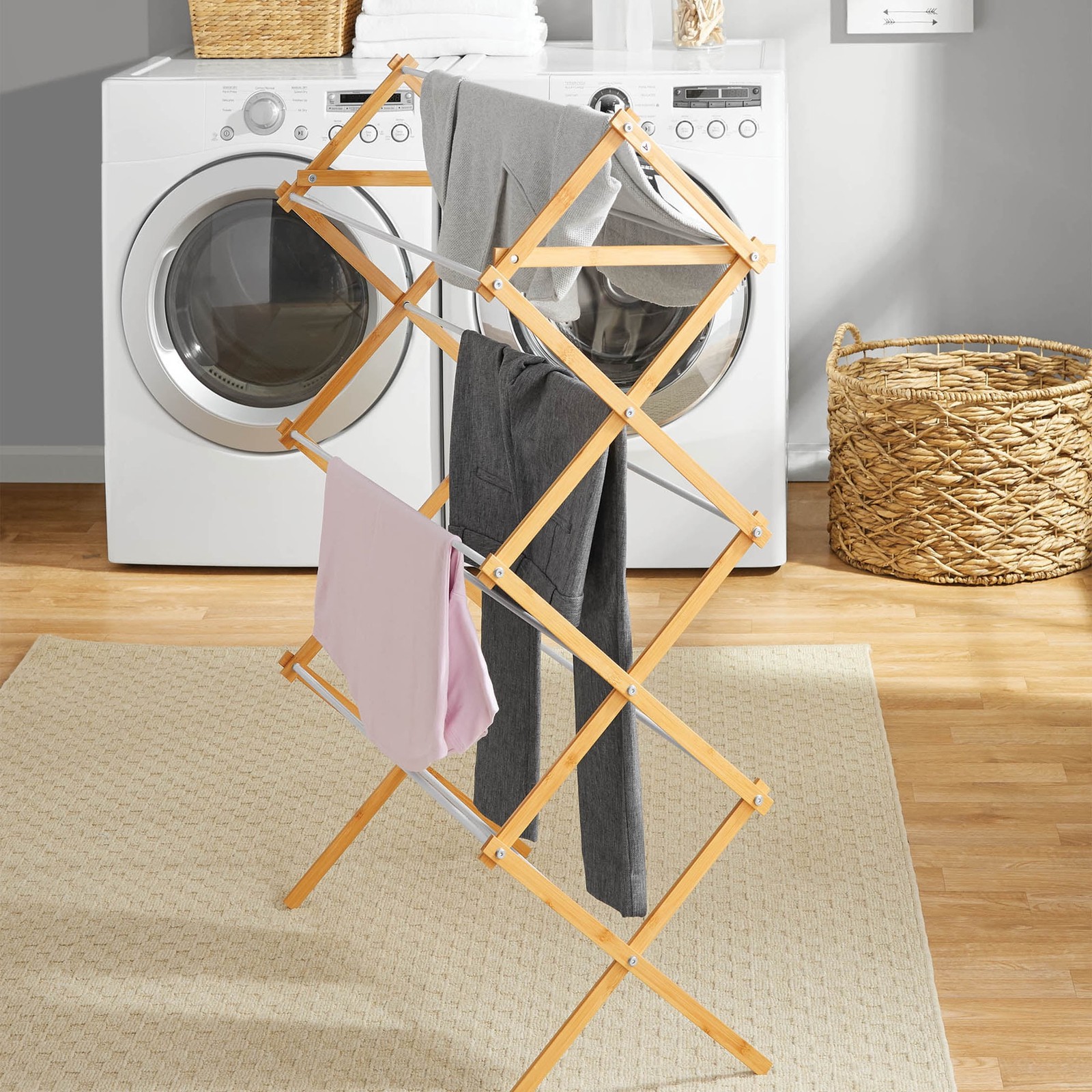 Mainstass Space-Saving Collapsible Bamboo Laundry Clothes Drying Rack