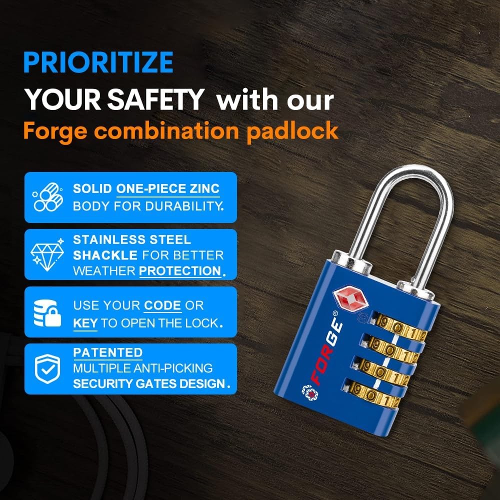 Forge Dual-Opening: Key or Combination Access Lock, TSA Approved 2 Pk, Blue