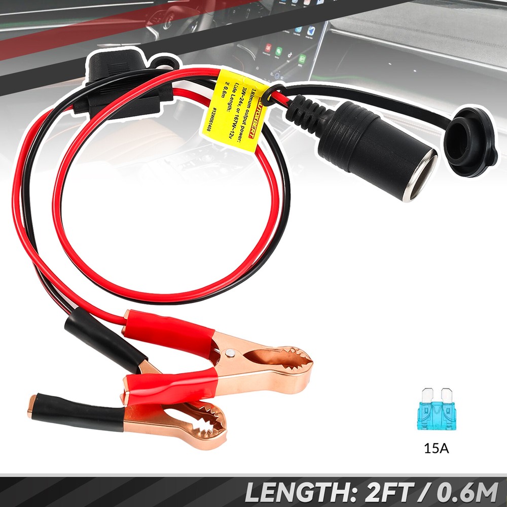 2ft Car Battery To Cigarette Lighter Adapter Socket Alligator Clip Clamp Power;
