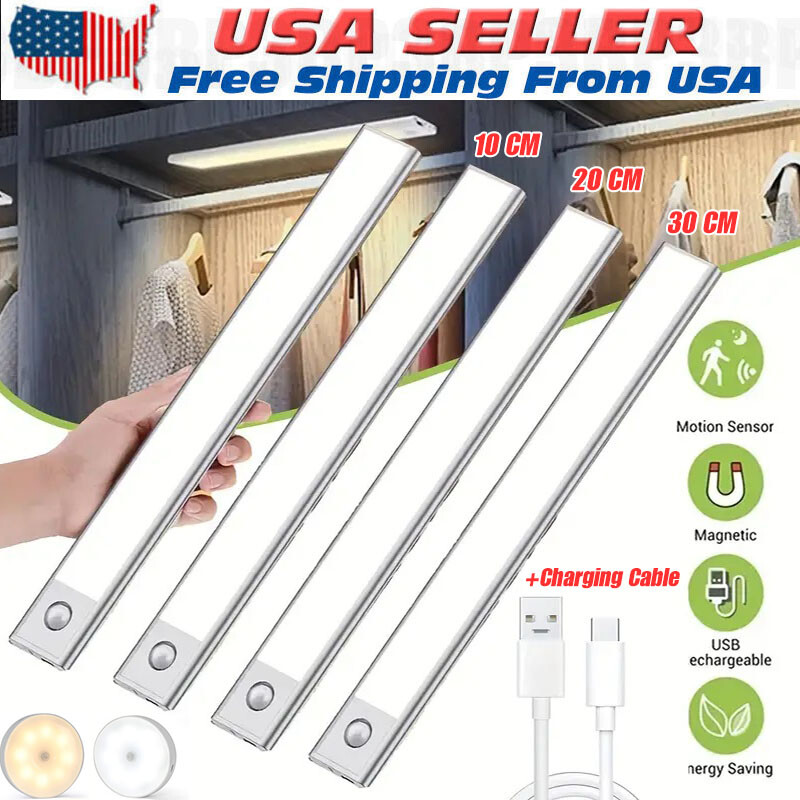 LED Motion Sensor Under Cabinet Closet Light USB Rechargeable Kitchen Lamp Strip