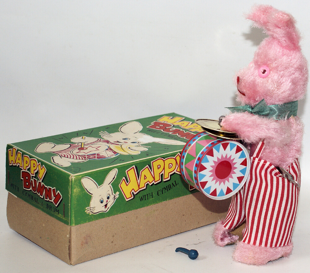 Vintage Wind-up HAPPY BUNNY with Cymbal & Drum, by Fuji Press Kogyo, Japan