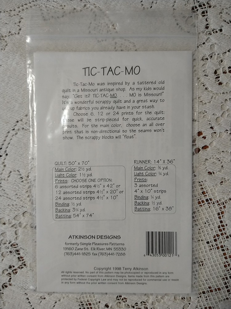 Atkinson Designs Tic-Tac-Mo Quilt & Runner Pieced Pattern Terry Atkinson