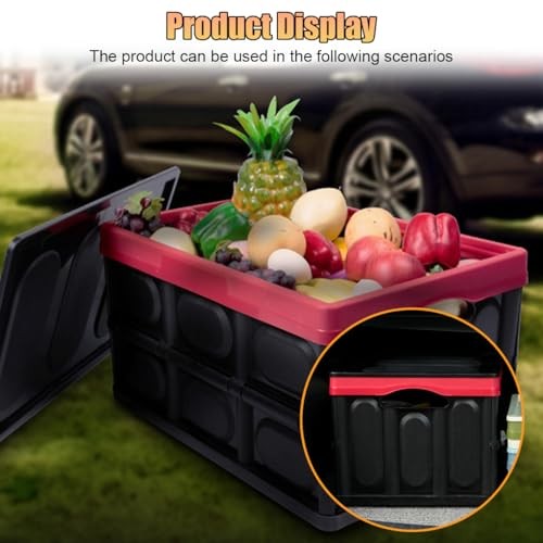 Car Trunk Organizer, Foldable Plastic Cargo Storage Box with Lid, Large Black