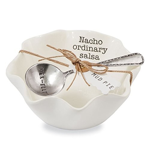Mud Pie Salsa Ceramic Dip Cup White 2 Inch Standard Functional Silver Tone
