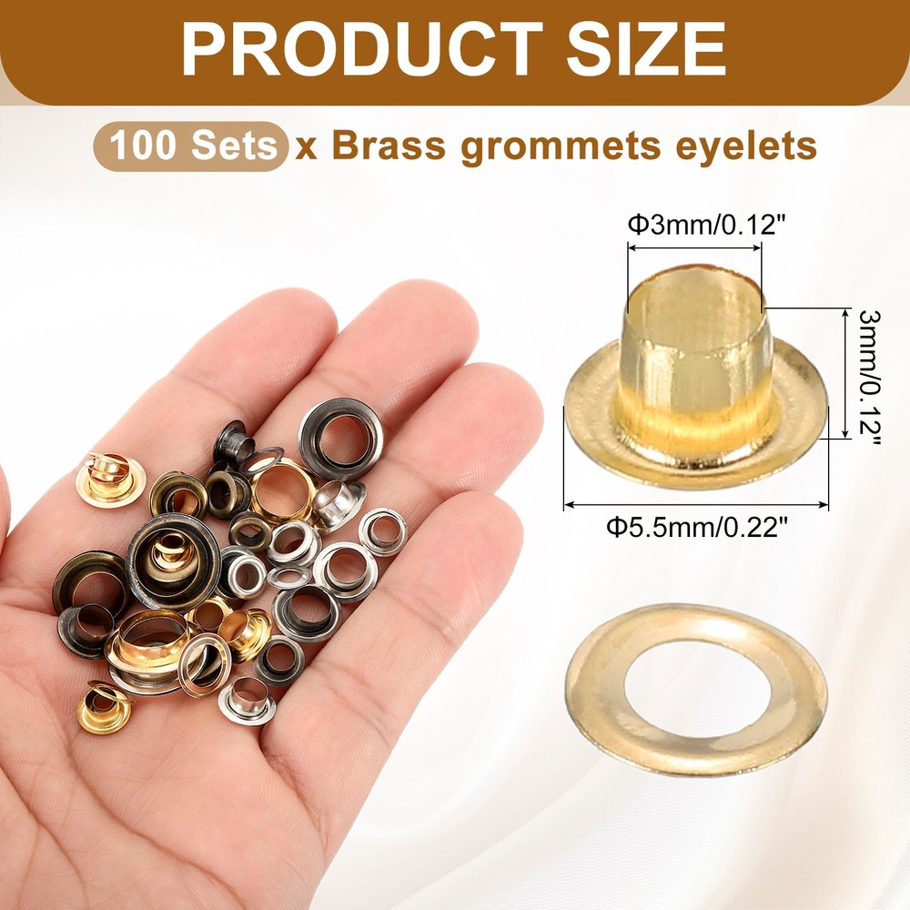 100 Sets Grommets Eyelets, 3mm Brass Self Backing Eyelets, Gold Tone