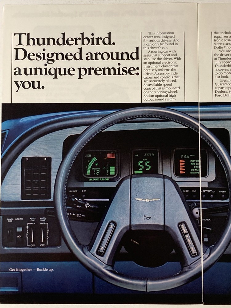 1985 Ford Thunderbird Two Page Print Ad Unique Premise