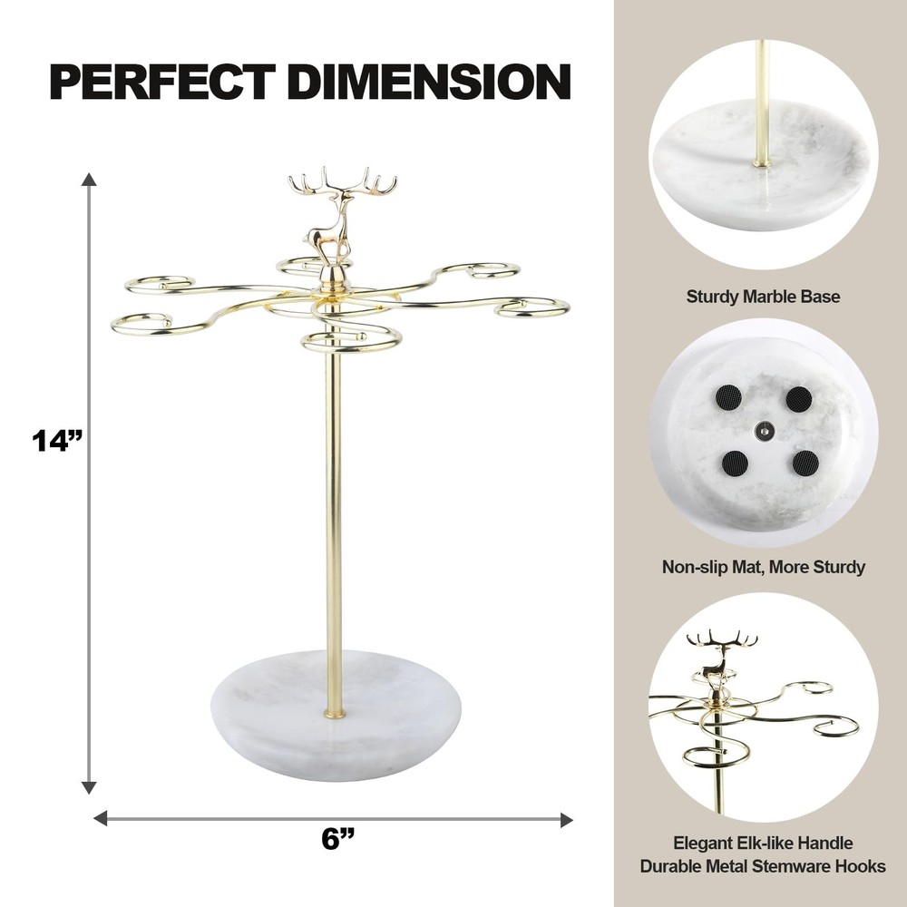 Wine Glass Holder, 6 Hooks Marble Base Stemware Rack Freestanding Tabletop Gl...