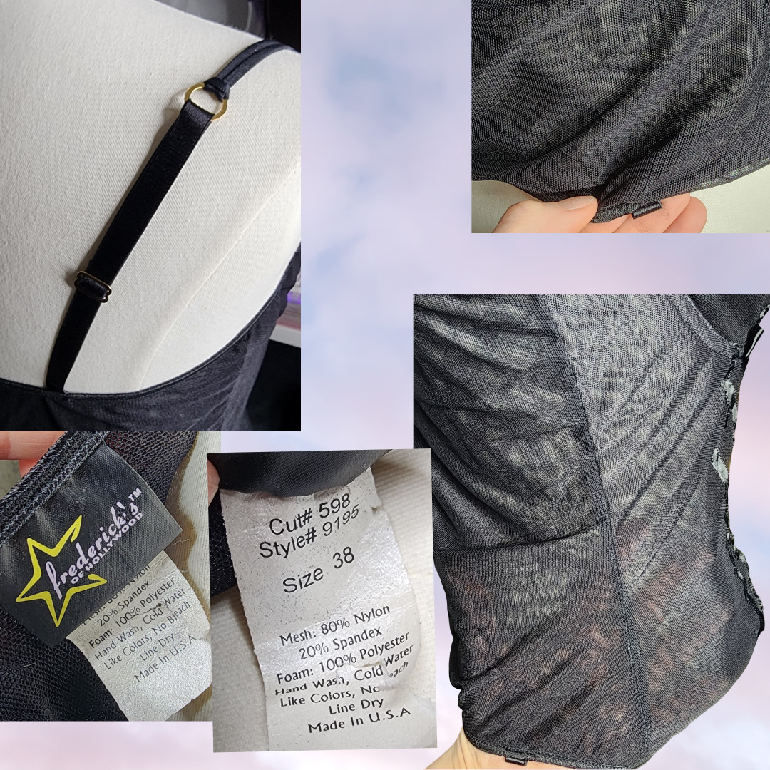 Vtg 90s Frederick's Hollywood Black Corset Bustier Lingerie Sheer Padded Top 38