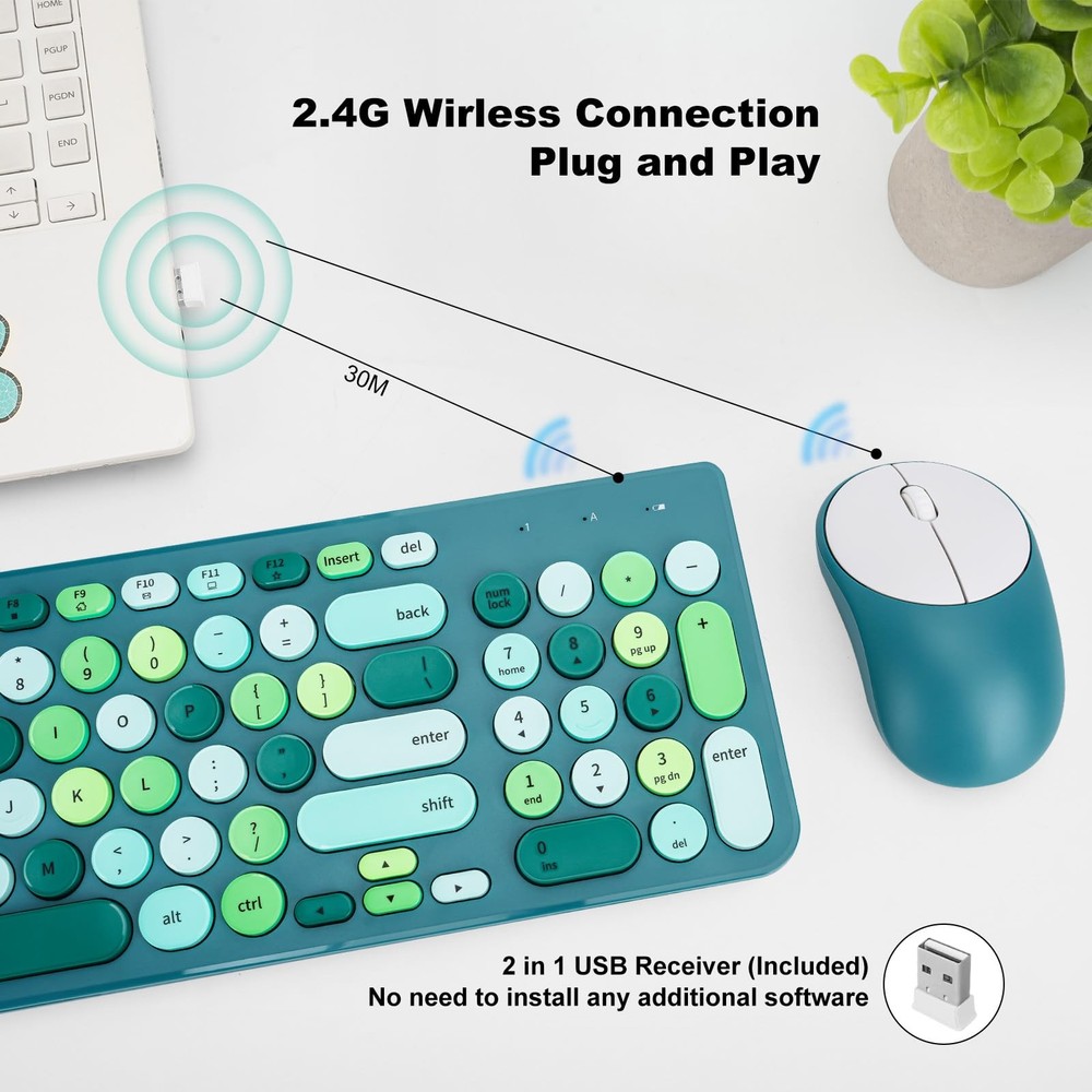 Wireless Keyboard and Mouse Combo Retro Typewriter Keyboard with Round Keycap...