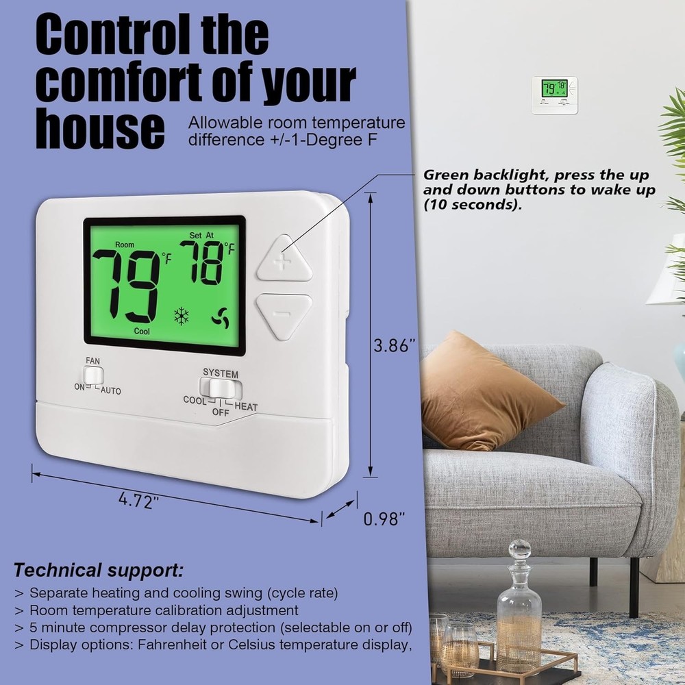 User-Friendly Non-Programmable Thermostat for Single-Stage Heating and Cooling