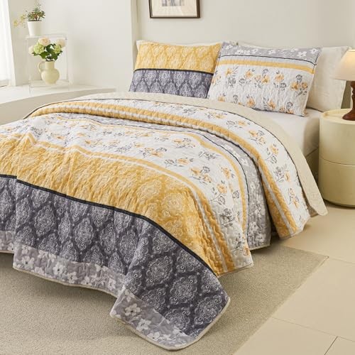 Floral Patchwork Quilt Set King Size 3 King(96"x90") Yellow Patchwork
