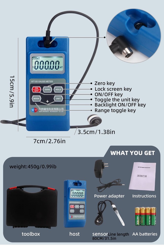 Gauss Meter Handheld Tesla MeterPermanent Magnet Teslameter 5%Accuracy