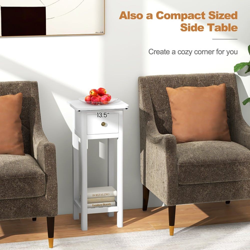 2 Tier Slim Nightstand Bedside Table with Drawer Shelf
