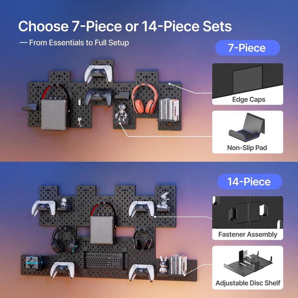 PEGZONE Controller and Headphone Holder Wall Mount, Modular 14 PCS, Black