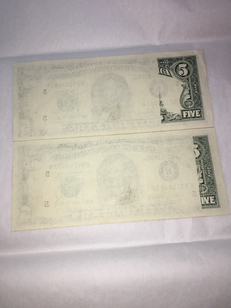 2 Consecutive 1988A $5 FRN's - Both w/ Major Obstructed Printing Error Reverse
