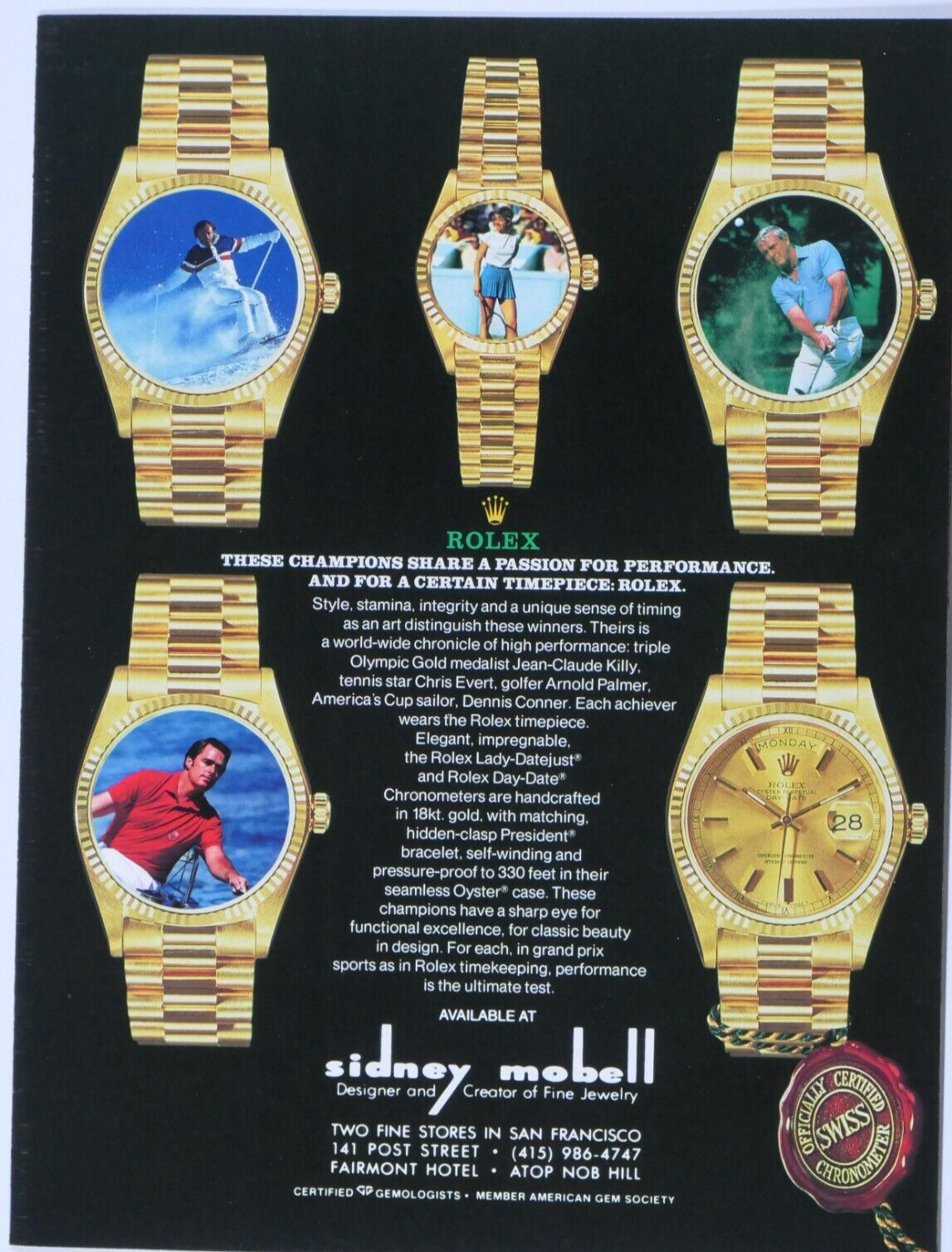 Rolex Sidney Mobell  San Francisco Ca VTG 1989 Arnold Palmer Original Print Ad