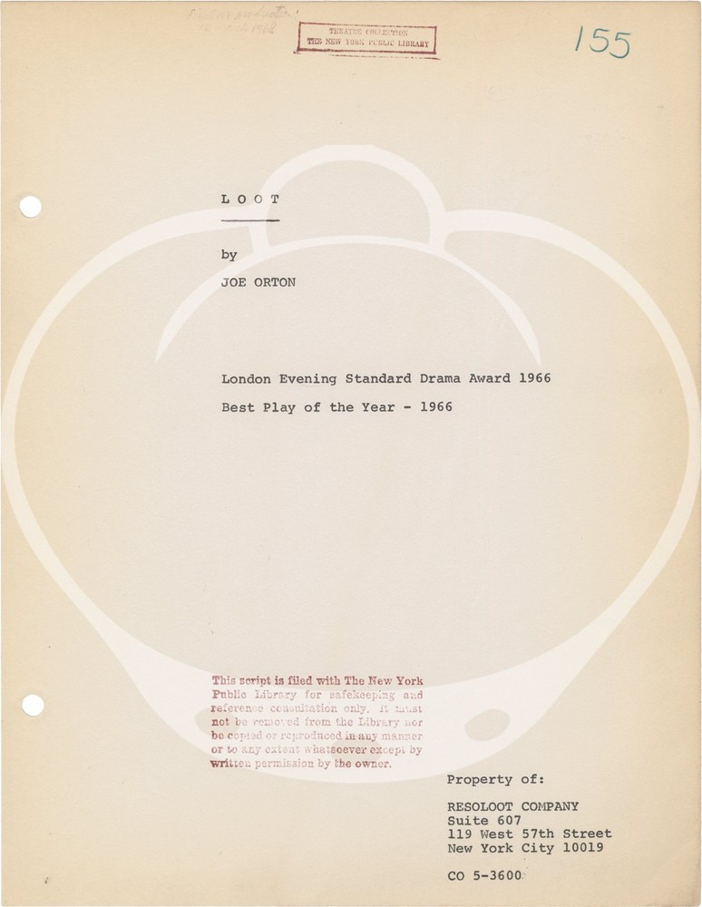 Joe Orton LOOT Original script for the 1968 play #158371