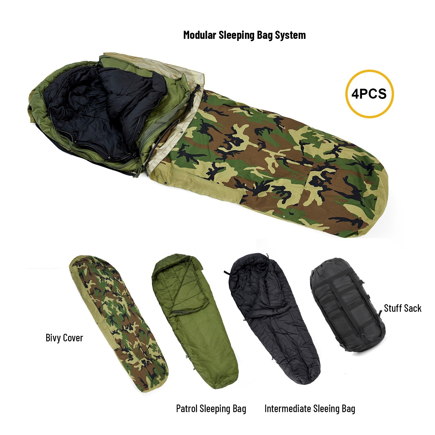 Modular Sleeping Bag System Woodland Camo 3-Piece Military Sleep Gear MSS Kit